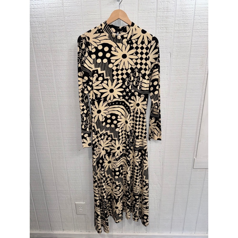 Farm Rio Anthropologie Midi Dress Women Black Cream Graphic Floral M NWT